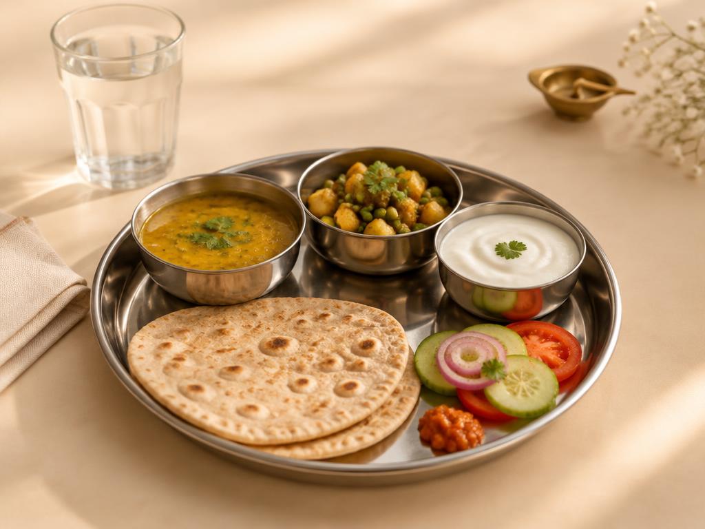 Simple home meal of roti, dal, sabzi, curd and salad