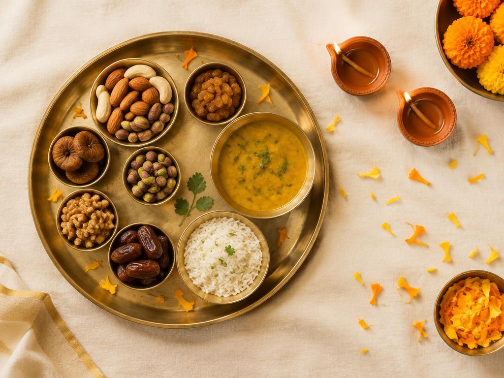 Brass thali with dry fruits, dal and rice beside lit diyas