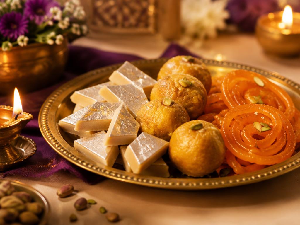 Plate of kaju katli, besan laddoo and jalebi with a lit diya